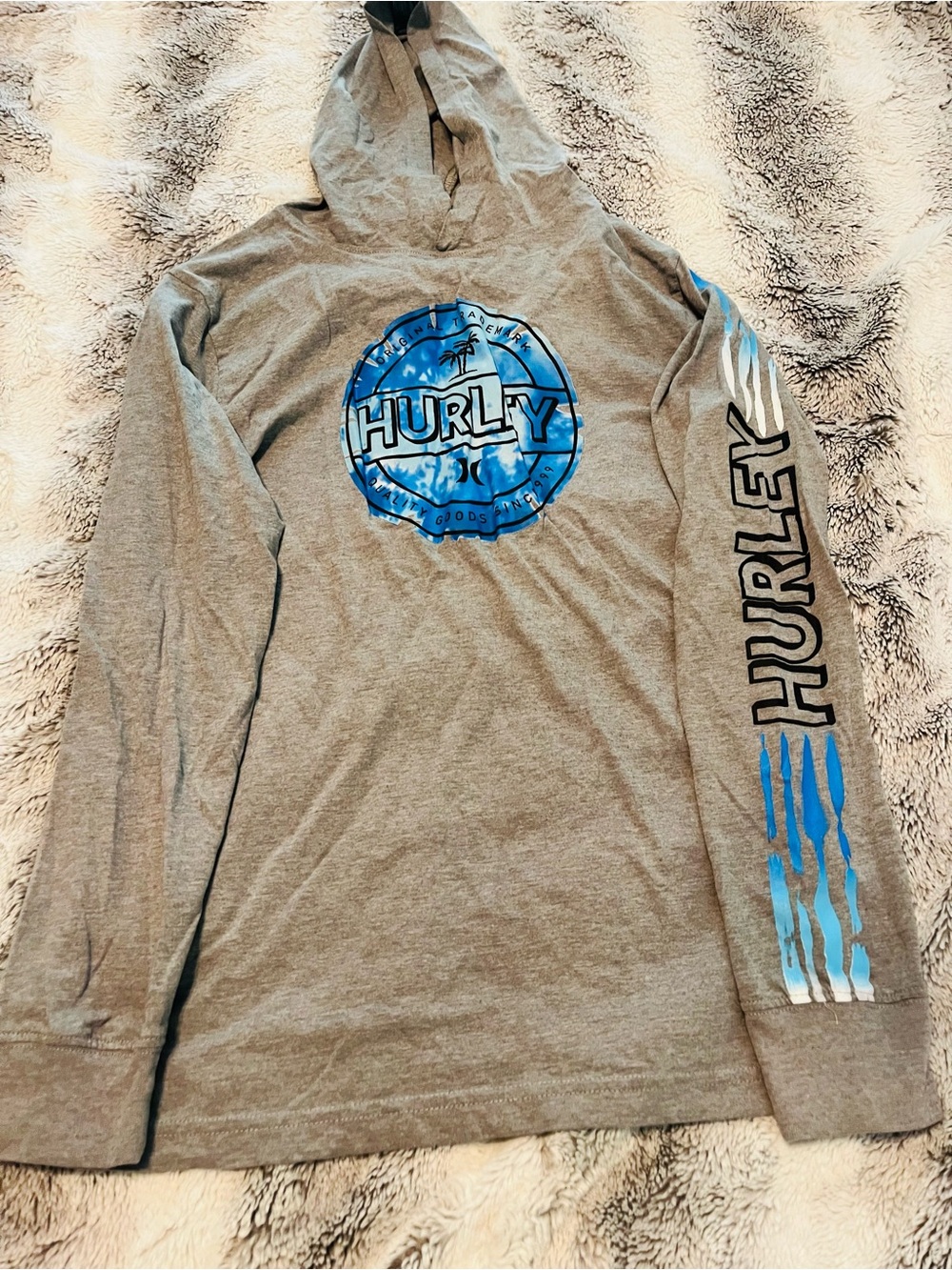 Hurley Gray Long Sleeve Hooded Tee with Blue Logo Accents